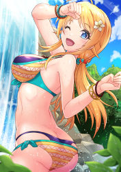 Rule 34 | 1girl, absurdres, ahoge, ass, bikini, blonde hair, blue eyes, blue sky, butt crack, cloud, commentary request, d-n, day, dutch angle, from behind, hachimiya meguru, highres, idolmaster, idolmaster shiny colors, layered bikini, long hair, looking at viewer, low twintails, multicolored bikini, multicolored clothes, outdoors, sky, smile, solo, swimsuit, twintails, water, waterfall, whale tail (clothing)