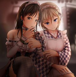 Rule 34 | 10s, 2girls, anastasia (idolmaster), apron, bad id, bad pixiv id, bare shoulders, blue eyes, blurry, brown eyes, brown hair, buckle, choker, cigarette, corset, depth of field, detached sleeves, dress, earrings, fishnet legwear, fishnets, hand on another&#039;s thigh, highres, holding, holding cigarette, idolmaster, idolmaster cinderella girls, japanese clothes, jewelry, locked arms, long hair, long sleeves, looking at viewer, love laika, maid, maid apron, maid headdress, mixed maids, multiple girls, nitta minami, off-shoulder dress, off shoulder, revision, short hair, side-by-side, silver hair, sleeves past wrists, smile, smoke, smoking, thighhighs, turisasu, wa maid, wide sleeves, yagasuri