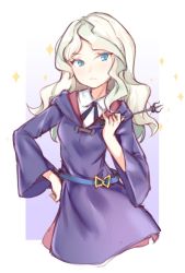 Rule 34 | 10s, 1girl, belt, blonde hair, blue eyes, diana cavendish, dress, eyelashes, highres, little witch academia, long hair, looking at viewer, ribbon, serious, shirt, sketch, solo, source request, standing, sunege (hp0715), wand, white shirt, witch