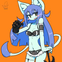 Rule 34 | 1girl, anibel (shinde yomigaetta amboyna), blue hair, brown eyes, cat, female focus, furry, furry female, gloves, long hair, looking at viewer, open mouth, shinde yomigaetta amboyna, simple background, solo, tail, the amboina