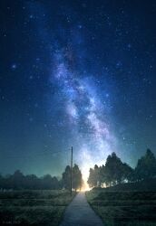 commentary_request field hair_ornament highres milky_way mks night night_sky no_humans original power_lines road scenery sky star_(sky) starry_sky tree twitter_username utility_pole