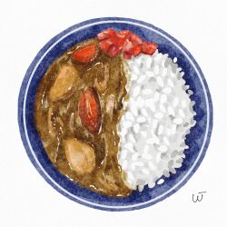 artist_name commentary_request curry curry_rice food food_focus highres no_humans ocome_sumesh original plate rice simple_background still_life white_background