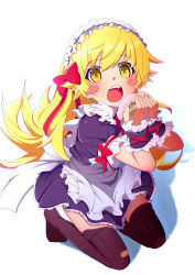 Rule 34 | 1girl, absurdres, apron, bad id, bad pixiv id, bakemonogatari, bare shoulders, black thighhighs, blonde hair, blush stickers, drawdream1025, dress, fang, frilled apron, frills, highres, long hair, looking at viewer, maid, maid apron, maid headdress, monogatari (series), open mouth, oshino shinobu, simple background, smile, solo, squatting, thighhighs, white background, wrist cuffs, yellow eyes