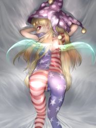 Rule 34 | 1girl, american flag dress, american flag legwear, ass, back cutout, bed sheet, blonde hair, clothing cutout, clownpiece, fairy wings, from behind, glowing, glowing wings, hat, highres, jester cap, long hair, looking at viewer, looking back, pantyhose, polka dot, purple hat, q.a. kinshachi, short sleeves, solo, star (symbol), star print, striped, touhou, wings