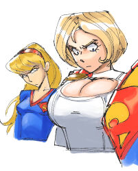 Rule 34 | 1boy, 2girls, absurdres, breast envy, breasts, cape, cleavage cutout, clothing cutout, cropped, dc comics, girl staring at guy&#039;s chest (meme), headband, highres, large breasts, long hair, medium breasts, multiple girls, power girl, ratf, short hair, supergirl, superman, third-party edit