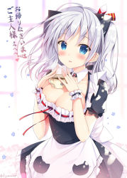 Rule 34 | 10s, animal ears, apron, blue eyes, blush, breasts, cat ears, cleavage, cup, detached collar, dress, fang, frills, hair ribbon, kantai collection, kashima (kancolle), large breasts, looking at viewer, maid, maid apron, open mouth, puffy short sleeves, puffy sleeves, ribbon, short sleeves, sidelocks, silver hair, smile, solo, sousouman, teacup, translated, twintails, wavy hair, wrist cuffs