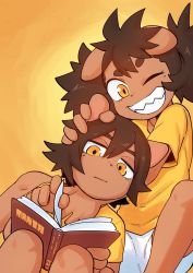 Rule 34 | androgynous, animal ears, book, borrowed character, brown hair, gender request, grin, highres, holding, holding book, jitome, looking at viewer, messy hair, one eye closed, open book, orange eyes, original, headpat, reading, shiromanta, shirt, shorts, sitting, smile, turning page