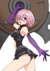 Rule 34 | 1girl, armor, armpits, ass, bare shoulders, blush, breasts, elbow gloves, fate/grand order, fate (series), gloves, hair over one eye, holding, holding shield, mash kyrielight, open mouth, purple gloves, shield, short hair, simple background, sjw kazuya, solo, white background