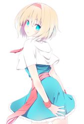 Rule 34 | 1girl, alice margatroid, ascot, blonde hair, blue eyes, blush, capelet, cowboy shot, from behind, hair between eyes, hairband, looking at viewer, looking back, nirap, parted lips, pink ascot, pink sash, sash, short hair, simple background, solo, standing, touhou, white background, wristband
