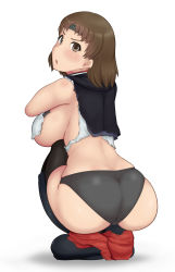 Rule 34 | 1girl, ass, black panties, black thighhighs, blush, breasts, brown eyes, brown hair, chiyoda (kancolle), headband, highres, kantai collection, large breasts, looking at viewer, looking back, panties, pixiv25900181, short hair, sideboob, solo, squatting, thighhighs, underwear, white background