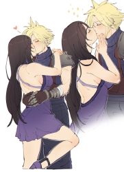 Rule 34 | 1boy, 1girl, alternate costume, armor, backless dress, backless outfit, bare arms, bare shoulders, black hair, blonde hair, blue dress, breasts, closed eyes, cloud strife, couple, dress, final fantasy, final fantasy vii, final fantasy vii remake, gloves, heart, hetero, high heels, hug, kiss, large breasts, long hair, official alternate costume, pudelmudel, shoulder armor, sideboob, sleeveless, sleeveless dress, sleeveless turtleneck, spiked hair, tifa lockhart, tifa lockhart (refined dress), turtleneck, wall market, white background