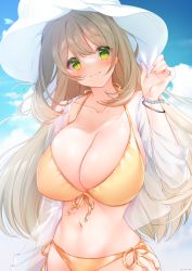Rule 34 | 1girl, arm up, bikini, blue archive, blue sky, blush, bracelet, breasts, brown hair, cleavage, closed mouth, cloud, collarbone, day, drop.b, front-tie bikini top, front-tie top, green eyes, hand on headwear, hat, highres, huge breasts, jewelry, long hair, looking at viewer, navel, nonomi (blue archive), open clothes, open shirt, outdoors, see-through, see-through shirt, shirt, side-tie bikini bottom, sky, smile, solo, stomach, sun hat, swimsuit, tareme, white hat, white shirt, yellow bikini