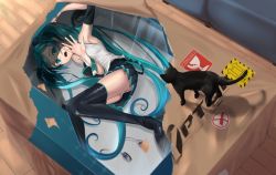 Rule 34 | 1girl, 999 ducati, absurdres, android, animal, aqua eyes, aqua hair, aqua necktie, armpits, bare shoulders, black skirt, black sleeves, black thighhighs, boots, box, cat, cat paw, commentary request, couch, detached sleeves, furrowed brow, hair ornament, hatsune miku, headphones, headphones removed, highres, in box, in container, logo, long hair, miniskirt, necktie, open mouth, outstretched hand, pleated skirt, scared, scratches, shirt, skirt, sleeveless, sleeveless shirt, thigh boots, thighhighs, twintails, very long hair, vocaloid, white shirt, wooden floor, wrapping