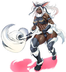 Rule 34 | 1girl, boots, breasts, capcom, chinbotsu, dark skin, dark-skinned female, fur, halterneck, hammer, highres, lagombi, large breasts, lips, monster hunter (series), muscular, personification, solo, thick thighs, thigh boots, thighhighs, thighs, urukususu (armor), white hair