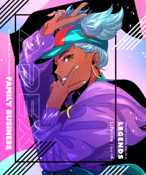 Rule 34 | 1girl, apex legends, baseball cap, black hat, blue hair, blue nails, brown eyes, character name, copyright name, dame (dame ice), dark-skinned female, dark skin, double v, earrings, from side, hat, highres, hoop earrings, jewelry, lifeline (apex legends), looking at viewer, nail polish, parted lips, short twintails, solo, twintails, v