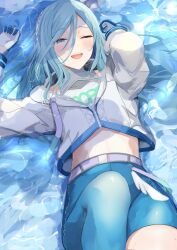 1girl ;d belt blue_eyes blue_hair blush crop_top gloves hair_between_eyes highres hinomori_shizuku jacket knee_up kunizaki light_blue_hair long_hair long_sleeves looking_at_viewer lying midriff mole mole_under_mouth on_back one_eye_closed open_mouth pants partially_submerged project_sekai shirt shorts smile solo water white_gloves white_shirt