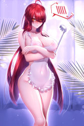 Rule 34 | 1girl, absurdres, ahoge, apron, blush, breasts, closed mouth, collarbone, covered navel, elesis (elsword), elsword, eyes visible through hair, hair between eyes, hair over one eye, highres, holding, large breasts, lens flare, long hair, looking at viewer, naked apron, orange eyes, red hair, rourou (been), shiny skin, solo, standing, very long hair, white apron