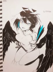 Rule 34 | 1girl, artist name, bird legs, black feathers, black hair, black wings, blue eyes, blush, borrowed character, breasts, claws, commentary, crow-chan (karasu raven), feathered wings, feathers, hair up, harpy, hemuling, highres, hood, hoodie, medium breasts, messy hair, monster girl, open mouth, original, photo (medium), short hair, solo, spot color, sweatdrop, symbol-only commentary, tail, traditional media, v, wings