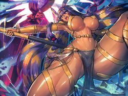 Rule 34 | &gt;:o, 1girl, :o, armpits, bracelet, breasts, commentary request, dark-skinned female, dark skin, earrings, egyptian, egyptian clothes, eyebrows, facial mark, fate/grand order, fate (series), from below, gluteal fold, hairband, hoop earrings, jewelry, large breasts, legs, loincloth, long hair, looking away, melon22, navel, nitocris (fate), open mouth, purple eyes, revealing clothes, shiny skin, solo, spread legs, thick thighs, thighs, underboob, v-shaped eyebrows, very long hair