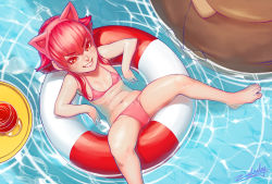 Rule 34 | 1girl, annie (league of legends), barefoot, cup, deathwingxiii, drinking glass, feet, highres, league of legends, lifebuoy, midriff, navel, pool, short hair, smile, solo, spread legs, swim ring, swimsuit, tibbers, toes, tray, water