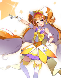 Rule 34 | 1girl, ;d, absurdres, amanogawa kirara, arm up, boots, brown hair, cowboy shot, cure twinkle, earrings, gloves, go! princess precure, highres, hoony, jewelry, long hair, looking at viewer, low-tied long hair, magical girl, multicolored hair, one eye closed, open mouth, precure, purple eyes, quad tails, red hair, skirt, smile, solo, star (symbol), star earrings, streaked hair, thigh boots, thighhighs, twintails, two-tone hair, white background, white footwear, white gloves