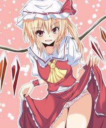 Rule 34 | 1girl, ascot, blonde hair, clothes lift, dress, dress lift, embodiment of scarlet devil, fang, female focus, flandre scarlet, fookun, leaning forward, looking at viewer, naba (take tonbo), panties, red eyes, short hair, side ponytail, skirt, skirt lift, skirt set, slit pupils, solo, striped clothes, striped panties, touhou, underwear, upskirt, vest, wings