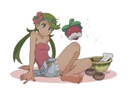 Rule 34 | 1girl, apron, arm support, bare legs, bare shoulders, barefoot, blush, bone, bounsweet, bowl, breasts, cleavage, creatures (company), crossed legs, cup, daradara panda, dark-skinned female, dark skin, eye contact, feet, female focus, flower, full body, game freak, gen 7 pokemon, green eyes, green hair, hair flower, hair ornament, legs, long hair, looking at another, low twintails, mallow (pokemon), nintendo, overalls, pink shirt, pokemon, pokemon (creature), pokemon sm, shirt, simple background, sitting, sleeveless, small breasts, smile, soles, sparkle, strapless, suspenders hanging, toes, trial captain, tube top, twintails, white background