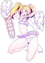 Rule 34 | 1boy, 9ma param, armpits, bad id, bad pixiv id, barefoot, blonde hair, blue eyes, blush, bulge, candy, chainsaw, cheerleader, covered erect nipples, crop top, crossdressing, eating, food, gender request, genderswap, grasshopper manufacture, highres, juliet starling, kneeling, lipstick, lollipop, lollipop chainsaw, long hair, makeup, male focus, midriff, navel, open mouth, panties, pom pom (cheerleading), scrunchie, short twintails, simple background, skirt, smile, solo, spot color, tongue, trap, twintails, underwear, upskirt, white background, white panties
