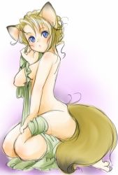 Rule 34 | 1girl, animal ears, blonde hair, blue eyes, breasts, covering privates, fox ears, fox tail, full body, gradient background, kneeling, nude, nude cover, setouchi kurage, sitting, small breasts, solo, tail