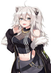 Rule 34 | 1girl, :d, absurdres, ahoge, animal ear fluff, animal ears, bare shoulders, black jacket, black nails, black shirt, breasts, cat ears, claw pose, cleavage, commentary request, ear piercing, fangs, fur-trimmed jacket, fur trim, grey eyes, grey skirt, hand up, highres, hololive, ivan wang, jacket, lion ears, long hair, long sleeves, medium breasts, midriff, nail polish, navel, off shoulder, open clothes, open jacket, open mouth, piercing, puffy long sleeves, puffy sleeves, see-through, see-through cleavage, shirt, shishiro botan, shishiro botan (1st costume), silver hair, simple background, skirt, sleeveless, sleeveless shirt, sleeves past wrists, smile, solo, virtual youtuber, white background