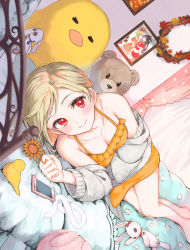 Rule 34 | 1girl, absurdres, bare shoulders, barefoot, bed, blonde hair, blush, breasts, cardigan, cellphone, closed mouth, collarbone, curtains, drawing (object), dress, dutch angle, flower, frilled dress, frills, highres, indoors, kaga nazuna, kobakoba0 0, kogara toto, looking at viewer, lupinus virtual games, lying, medium breasts, off shoulder, on side, open cardigan, open clothes, orange dress, phone, red eyes, short dress, smartphone, smile, solo, stuffed animal, stuffed chicken, stuffed rabbit, stuffed toy, sunflower, sweater, teddy bear, virtual youtuber, vspo!, white sweater
