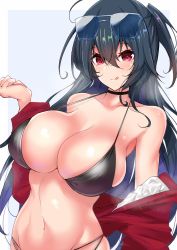 Rule 34 | 1girl, azur lane, bikini, black bikini, black hair, border, breasts, eyewear on head, gradient background, highres, jacket, large breasts, long hair, looking at viewer, navel, off shoulder, official alternate costume, one side up, outside border, red eyes, red jacket, sankakusui, simple background, smile, solo, swimsuit, taihou (azur lane), taihou (enraptured companion) (azur lane), tongue, tongue out, very long hair, white border