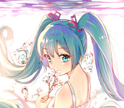 Rule 34 | 1girl, air bubble, aqua hair, blue eyes, bubble, dress, flower, from side, hair between eyes, hair ribbon, hatsune miku, holding, holding flower, long hair, looking at viewer, purple ribbon, ribbon, sidelocks, solo, twintails, underwater, upper body, vocaloid, white dress, white flower, yan (nicknikg)