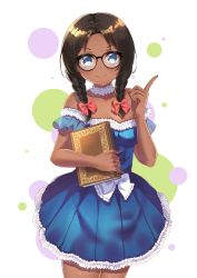 Rule 34 | &gt;:), 1girl, absurdres, bare shoulders, black-framed eyewear, black hair, blue dress, blue eyes, book, braid, breasts, closed mouth, collarbone, commission, cowboy shot, dark-skinned female, dark skin, dress, frilled dress, frills, glasses, hair over shoulder, hand up, highres, holding, holding book, holmemee, index finger raised, long hair, looking at viewer, low twintails, off-shoulder dress, off shoulder, original, parted bangs, pixiv commission, pleated dress, see-through, small breasts, solo, twin braids, twintails, v-shaped eyebrows, white background