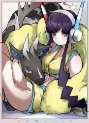 Rule 34 | 1girl, blue eyes, breasts, coat, commentary request, creatures (company), elesa (pokemon), fur coat, game freak, gen 5 pokemon, gym leader, headphones, highres, long hair, looking at viewer, looking to the side, medium breasts, nintendo, pokemon, pokemon (creature), pokemon bw2, purple hair, short hair with long locks, sitting, tamukoro, yellow coat, zebstrika