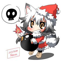Rule 34 | 1girl, animal ears, artist name, bad id, bad twitter id, blush, bomb, christmas, dated, explosive, fox ears, fox tail, grin, hat, long hair, lowres, original, rebecca (keinelove), shirogane mitsuki, signature, silver hair, skull, smile, solo, tail, yellow eyes