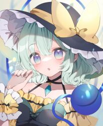 Rule 34 | 1girl, black hat, bow, frilled hat, frills, green eyes, green hair, hat, hat bow, heart, heart of string, komeiji koishi, open mouth, re re merry, short hair, solo, third eye, touhou, upper body, yellow bow