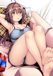 Rule 34 | 1girl, absurdres, ahoge, barefoot, blush, breasts, brown eyes, brown hair, camisole, cellphone, cleavage, collarbone, grey camisole, hair between eyes, hair flaps, hairband, highres, holding, holding phone, kantai collection, kuromayu, large breasts, long hair, open mouth, phone, red hairband, shiratsuyu (kancolle), shiratsuyu kai ni (kancolle), short shorts, shorts, smartphone, solo