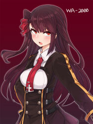 Rule 34 | 1girl, blush, breasts, brown hair, character name, girls&#039; frontline, long hair, looking at viewer, medium breasts, mou tama maru, necktie, one side up, red background, red eyes, solo, underbust, wa2000 (girls&#039; frontline)