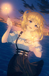 Rule 34 | 1girl, :d, bare shoulders, black dress, blonde hair, cloud, cloudy sky, dress, earrings, fireworks, frilled shirt, frills, hair ornament, highres, holding, hololive, hololive english, jewelry, looking at viewer, nail polish, night, night sky, official alternate costume, open mouth, outdoors, pinafore dress, shirt, short hair, short sleeves, sky, sleeveless, sleeveless dress, smile, solo, sparkler, tem, virtual youtuber, water, watson amelia, watson amelia (street casual), white shirt, yellow nails
