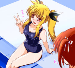Rule 34 | 2girls, :d, bare arms, bare legs, black bow, blonde hair, blue one-piece swimsuit, blush, bow, breasts, brown hair, cleavage, collarbone, engo (aquawatery), fate testarossa, hair between eyes, hair bow, hair ribbon, long hair, lyrical nanoha, mahou shoujo lyrical nanoha, mahou shoujo lyrical nanoha a&#039;s, medium breasts, multiple girls, one-piece swimsuit, open mouth, poolside, red eyes, ribbon, school swimsuit, shiny skin, sitting, smile, swimsuit, takamachi nanoha, twintails, very long hair, w, white ribbon