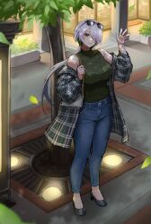 Rule 34 | alternate costume, bag, black footwear, blue pants, breasts, brid (nikke), closed mouth, colored inner hair, commission, dangle earrings, denim, earrings, fairxw, full body, goddess of victory: nikke, green hair, green sweater, grey hair, hair over one eye, handbag, high heels, highres, jacket, jeans, jewelry, large breasts, light blush, long hair, looking at viewer, low-tied long hair, multicolored hair, pants, ribbed sweater, shoulder tattoo, sleeveless, sleeveless sweater, smile, standing, sweater, tattoo, third-party source, tree, two-tone hair, waving
