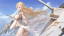 Rule 34 | 1girl, absurdres, artillery, azur lane, blonde hair, blue eyes, blue sky, breasts, brest (azur lane), chinese commentary, clothing cutout, cloud, cloudy sky, dress, from side, highleg, highleg panties, highres, huge breasts, huijin zhi ling, leotard, long dress, long hair, panties, pointy ears, revealing clothes, rigging, see-through, sky, sleeveless, sleeveless dress, solo, turret, underboob cutout, underwear, very long hair, walking, water, white dress, white leotard, wings