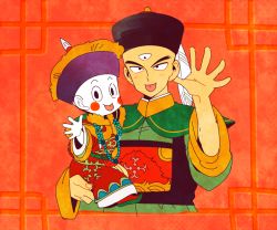 Rule 34 | 2boys, :p, black eyes, blush stickers, carrying, chaozu, chinese clothes, colored skin, dragon ball, feathers, hat, katori (katokichi), looking at viewer, male focus, multiple boys, open palms, pale skin, red background, simple background, smile, tenshinhan, tongue, tongue out, white skin