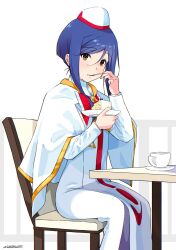 Rule 34 | 1girl, :t, aika granzchesta, andanden, aria (manga), blue hair, blush, bow, bowtie, brown eyes, cake, capelet, chair, coffee cup, cup, disposable cup, dress, eating, feet out of frame, food, gold trim, hair between eyes, hands up, highres, himeya company uniform, holding, long dress, long sleeves, looking at viewer, pantyhose, parted bangs, plate, purple pantyhose, red bow, red bowtie, red headwear, short hair with long locks, side slit, sidelocks, signature, sitting, solo, swept bangs, undine (aria), white background, white capelet, white headwear
