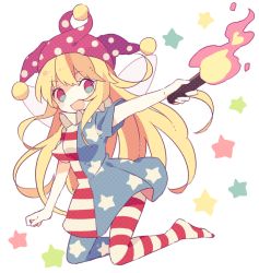 Rule 34 | 1girl, :d, american flag dress, american flag legwear, bad id, bad pixiv id, blonde hair, clownpiece, daizu (melon-lemon), fire, hat, highres, holding, jester cap, kneeling, long hair, open mouth, pantyhose, red eyes, shirt, simple background, skirt, smile, solo, star (symbol), striped clothes, striped pantyhose, touhou, very long hair, white background