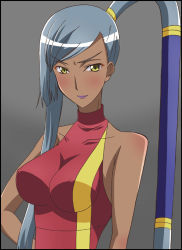 Rule 34 | 00s, 1girl, bare shoulders, blush, breasts, code geass, dark skin, dark-skinned female, covered erect nipples, lipstick, long hair, looking at viewer, makeup, medium breasts, paopa ship, ponytail, silver hair, solo, very long hair, villetta nu, yellow eyes