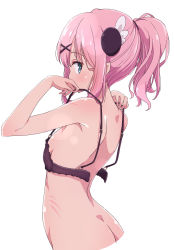 Rule 34 | 1girl, aqua eyes, ass, black bra, bottomless, bra, breasts, chiyoda momo, commentary request, hair ornament, highres, looking at viewer, machikado mazoku, mel (melty pot), pink hair, ponytail, scar, short hair, sideboob, simple background, small breasts, solo, underwear, white background, x hair ornament
