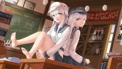 Rule 34 | 2girls, back-to-back, barefoot, blue eyes, book, bottle, chalkboard, classroom, desk, dual persona, feet, grey hair, hat, hibiki (kancolle), highres, indoors, kantai collection, long hair, long sleeves, looking at viewer, looking back, military uniform, multiple girls, on desk, open mouth, origami, photo (object), qs13280809727, russian text, school uniform, serafuku, sitting, on desk, skirt, soles, thighs, toes, uniform, verniy (kancolle)