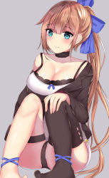 Rule 34 | 1girl, asymmetrical legwear, black choker, blue bow, blue eyes, blush, bow, breasts, brown jacket, brown panties, brown thighhighs, choker, cleavage, closed mouth, collarbone, commentary, dress, fal (girls&#039; frontline), fingernails, girls&#039; frontline, grey background, hair between eyes, hair bow, hand on own knee, head tilt, highres, houraku, jacket, large breasts, light brown hair, long hair, long sleeves, looking at viewer, off shoulder, open clothes, open jacket, panties, side ponytail, sidelocks, simple background, single thighhigh, sleeveless, sleeveless dress, smile, solo, thigh strap, thighhighs, underwear, uneven legwear, very long hair, white dress
